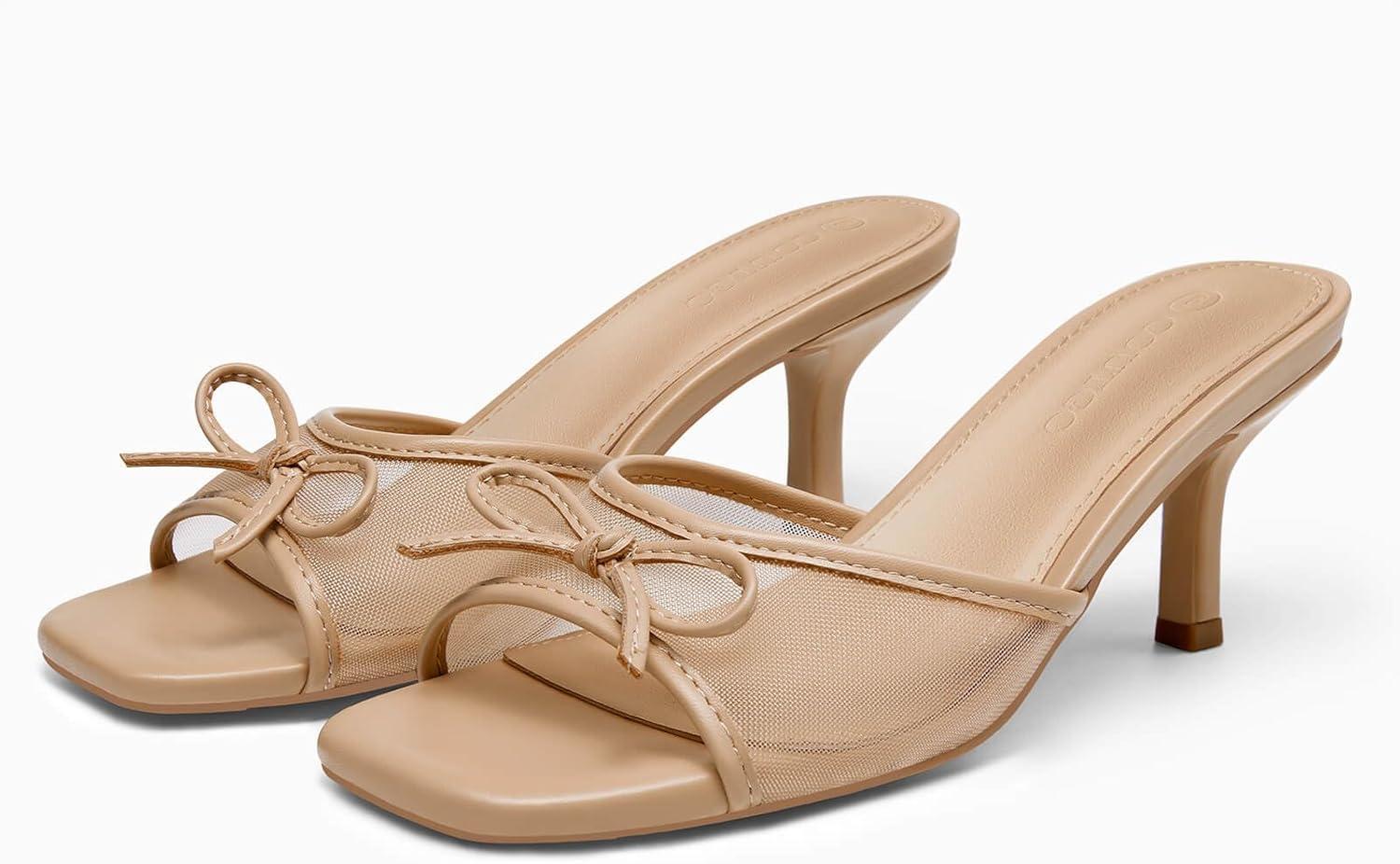 image:imageCoutgo Womens Square Open Toe Heels Mules Bow Stiletto Heel Backless Slip On Slides Sandals Khaki Size 85