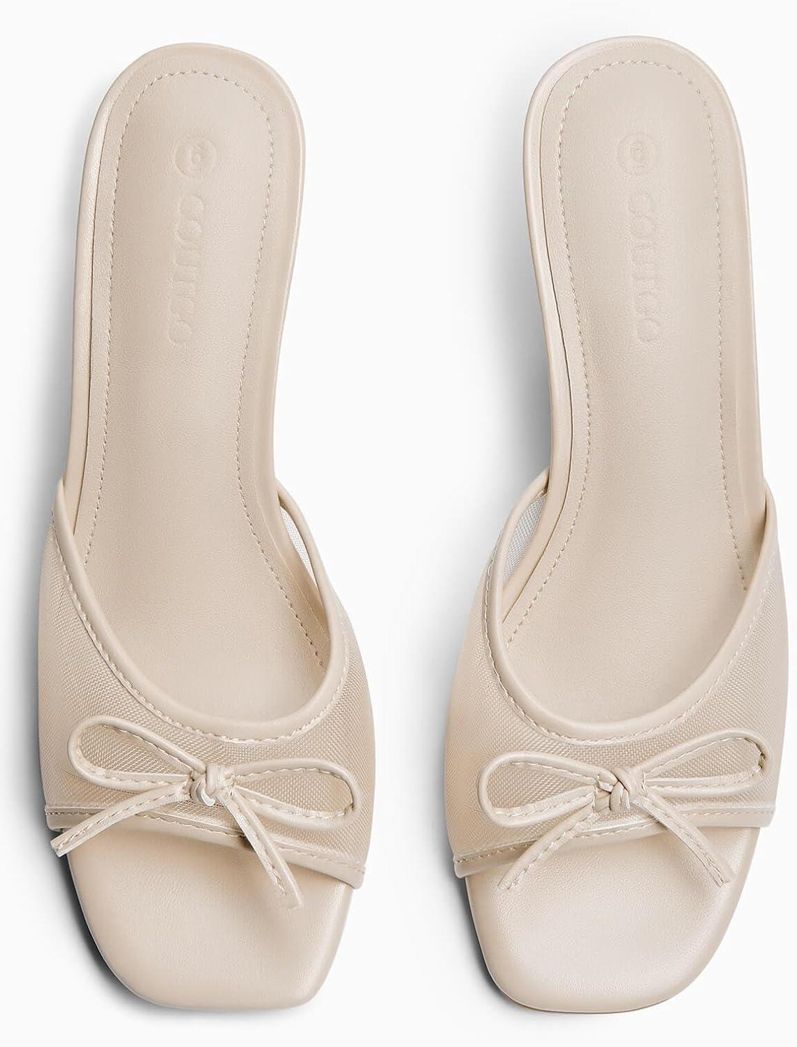 image:imageCoutgo Womens Square Open Toe Heels Mules Bow Stiletto Heel Backless Slip On Slides Sandals Nude Size 95