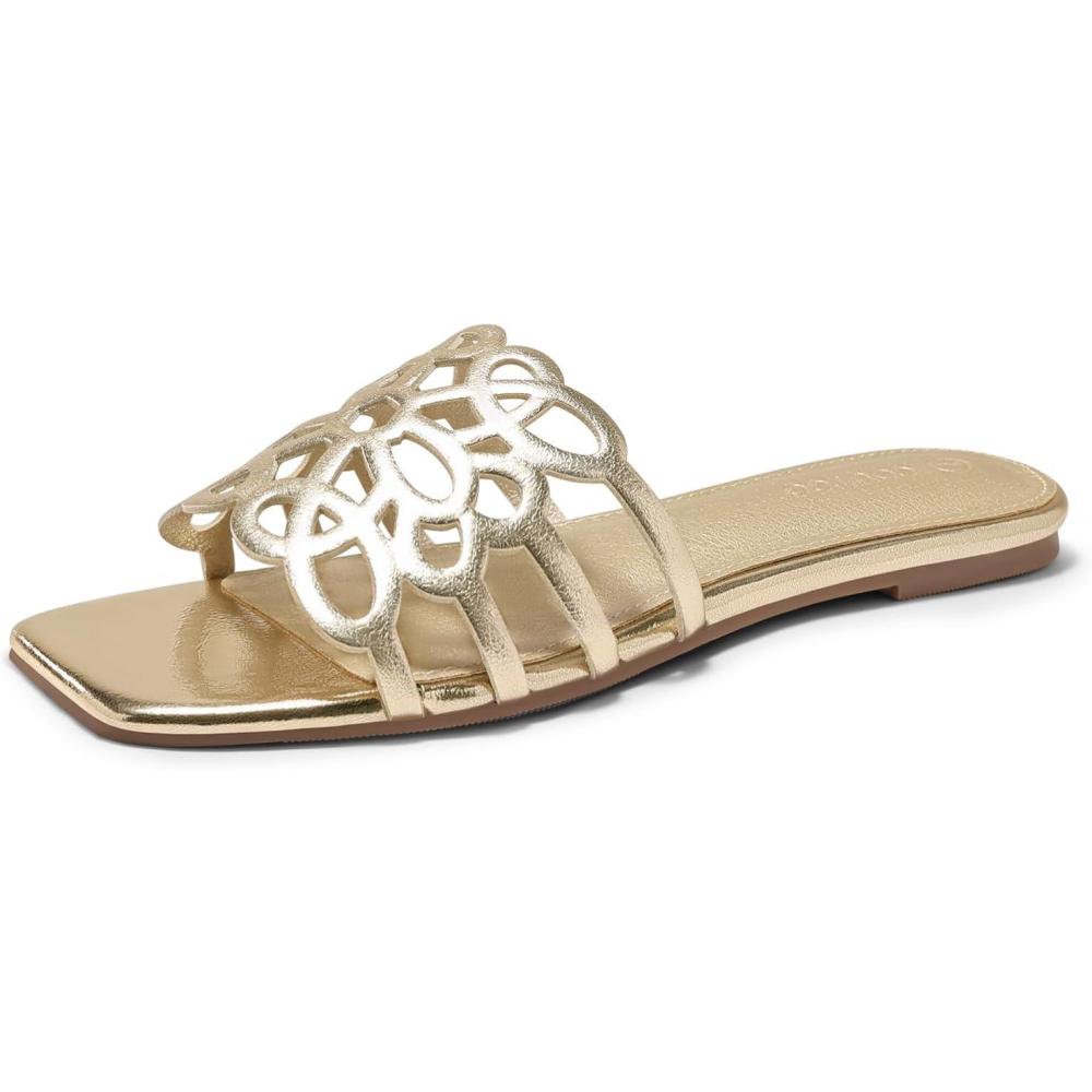 image:imageCoutgo Womens Flat Sandals Comfortable Square Open Toe Slides Slip On Summer Dressy Beach ShoesLight Gold