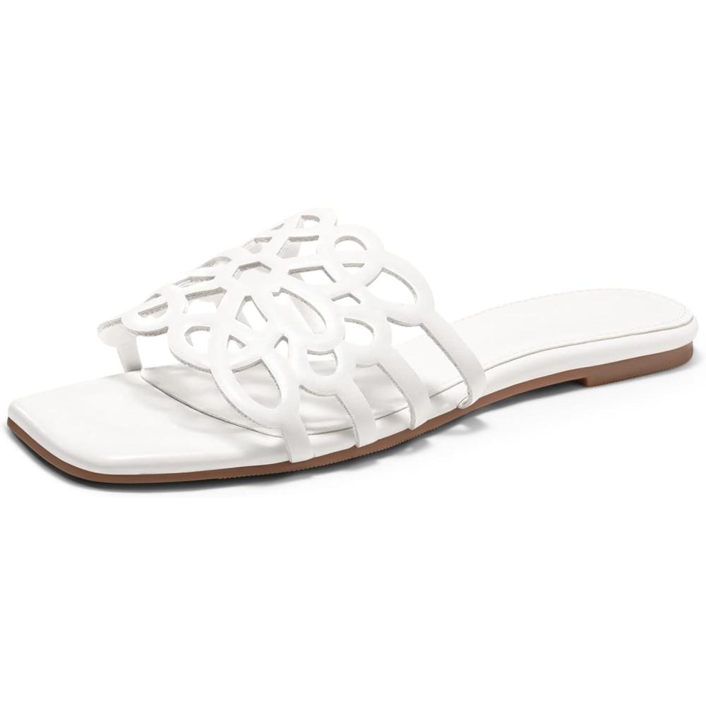 image:imageCoutgo Womens Flat Sandals Comfortable Square Open Toe Slides Slip On Summer Dressy Beach ShoesWhite