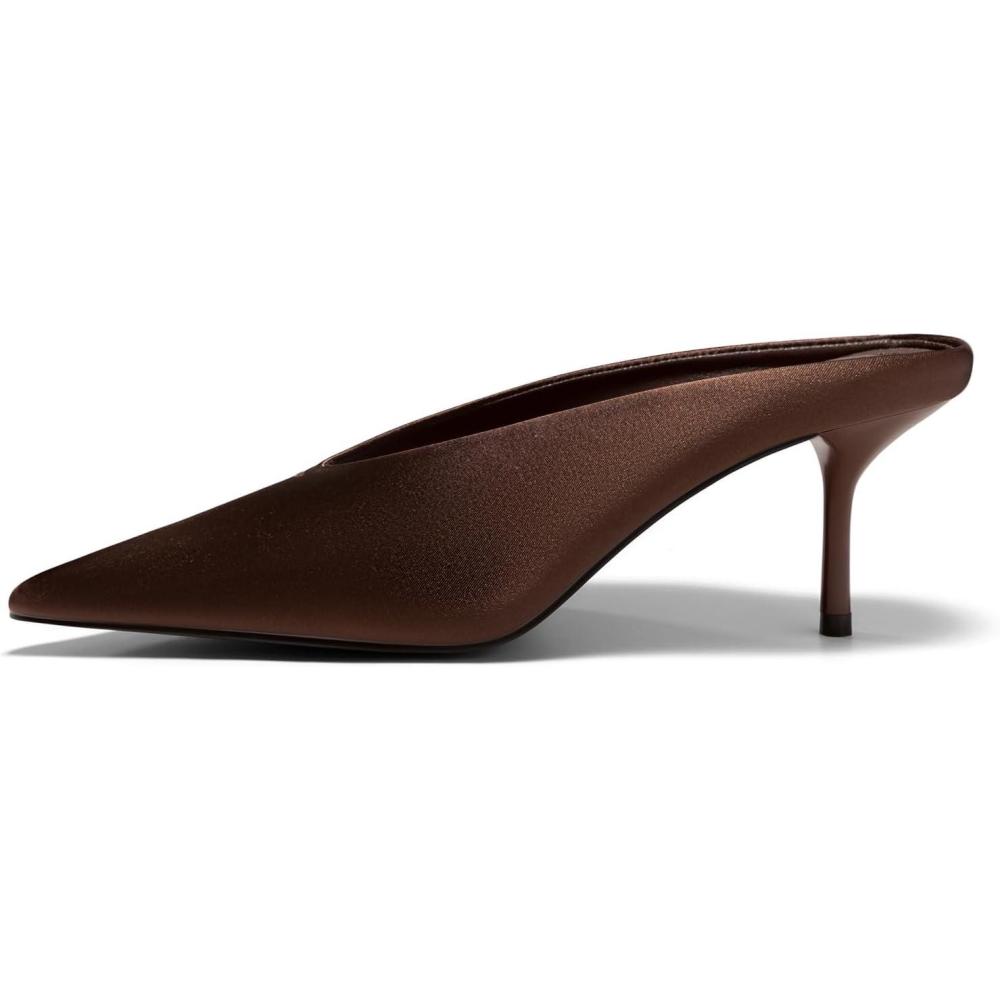 image:imageCoutgo Womens High Heels Mules Closed Pointed Toe Slide Sandals Slip On Summer Dress ShoesSatin Chocolate Brown