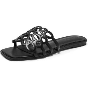 Coutgo Womens Flat Sandals Comfortable Square Open Toe Slides Slip On Summer Dressy Beach Shoes(Black)