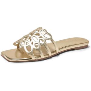 Coutgo Womens Flat Sandals Comfortable Square Open Toe Slides Slip On Summer Dressy Beach Shoes(Light Gold)