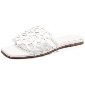 Coutgo Womens Flat Sandals Comfortable Square Open Toe Slides Slip On Summer Dressy Beach Shoes(White)