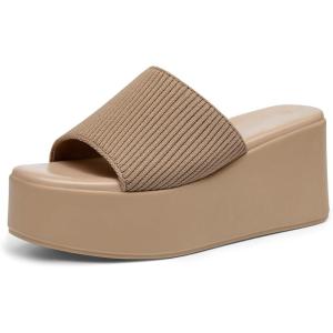 Coutgo Womens Platform Slides Sandals Square Open Toe Slip On Elastic Band Casual Lightweight Wedge Shoes(Light Brown)