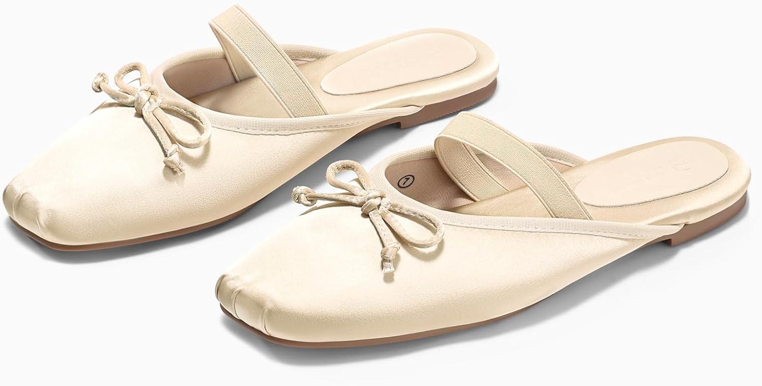 image:imageCoutgo Womens Ballet Flats Mules Bow Square Toe Slip On Slides Work Office Party Dress ShoesChampagne Gold