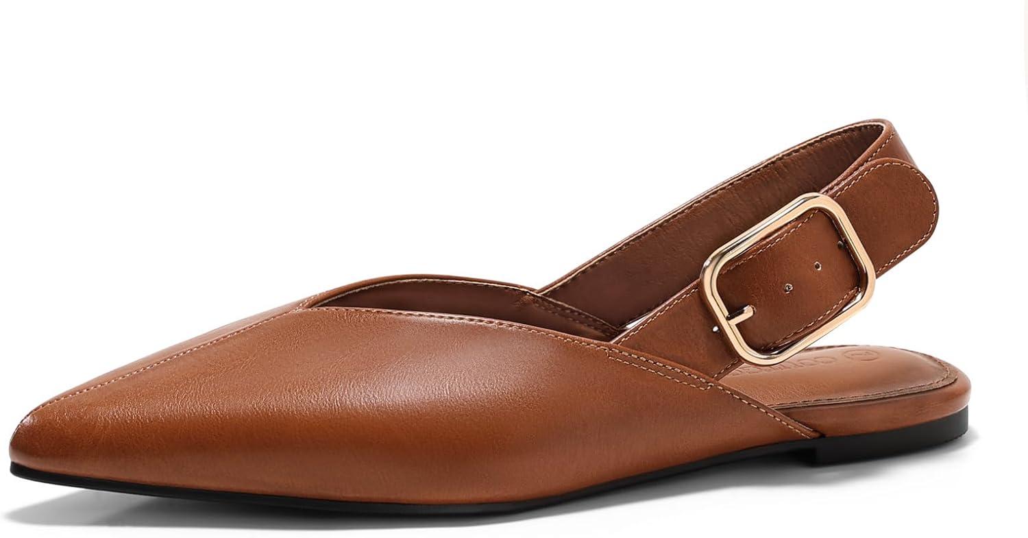 image:imageCoutgo Womens Flat Mules Closed Pointed Toe Slingback Slip On Flats Work Office Dress Sandal ShoesBrown