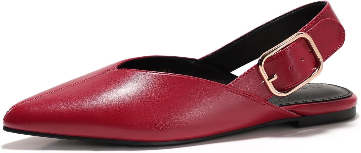 image:imageCoutgo Womens Flat Mules Closed Pointed Toe Slingback Slip On Flats Work Office Dress Sandal ShoesBurgundy