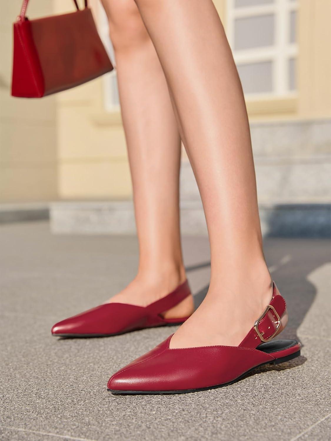 image:imageCoutgo Womens Flat Mules Closed Pointed Toe Slingback Slip On Flats Work Office Dress Sandal ShoesBurgundy