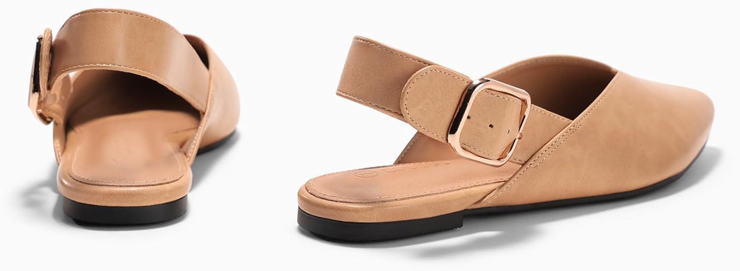 image:imageCoutgo Womens Flat Mules Closed Pointed Toe Slingback Slip On Flats Work Office Dress Sandal ShoesKhaki