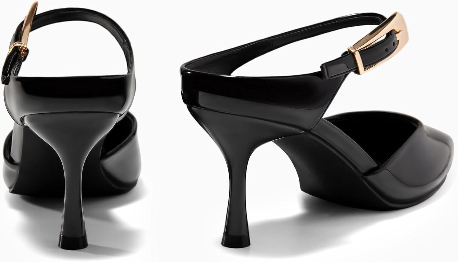 image:imageCoutgo Womens High Heels Mules Closed Pointed Toe Kitten Heel Pumps Ankle Buckle Strap Slip On Backless Dress Shoes Black Size 6