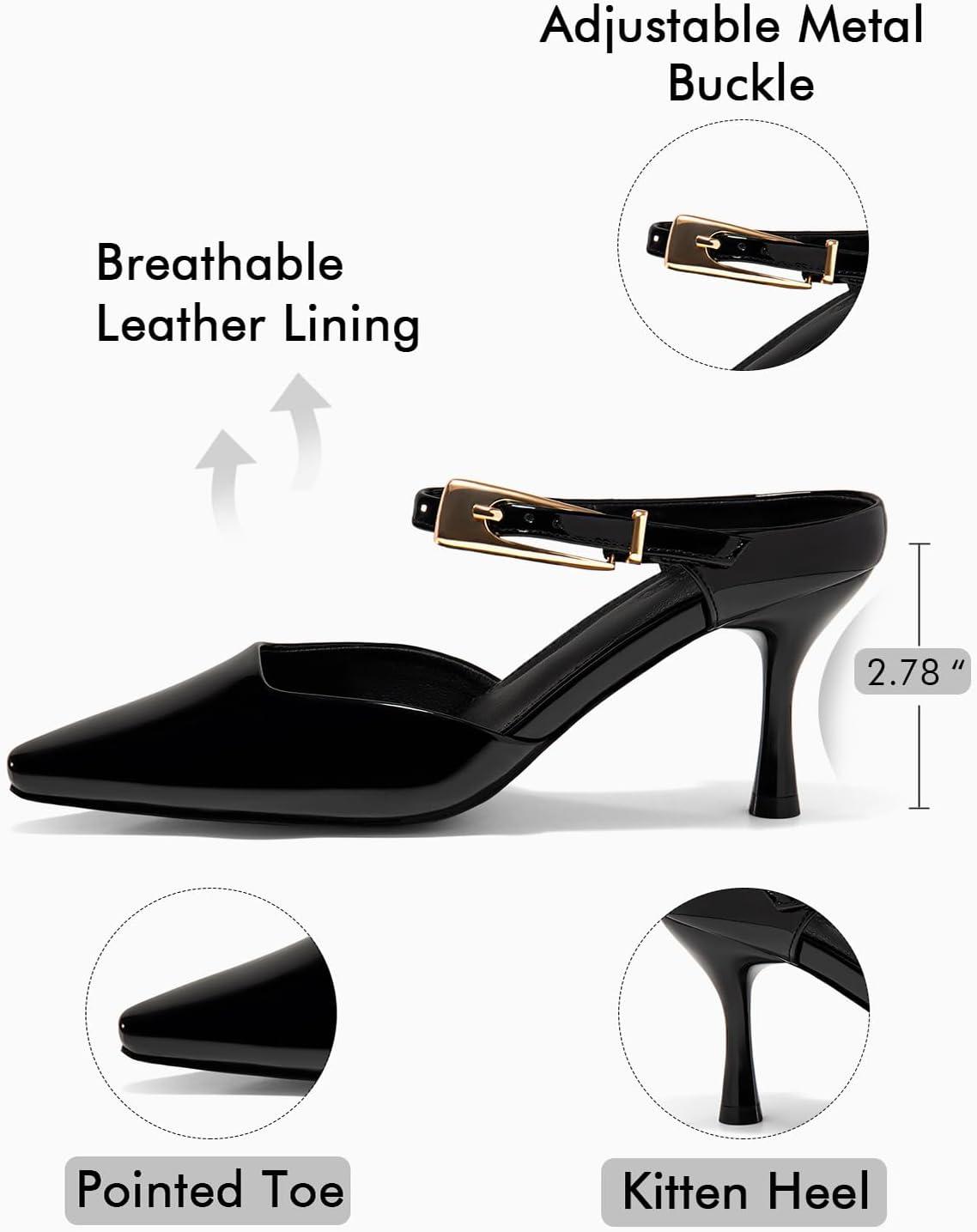 image:imageCoutgo Womens High Heels Mules Closed Pointed Toe Kitten Heel Pumps Ankle Buckle Strap Slip On Backless Dress Shoes Black Size 6