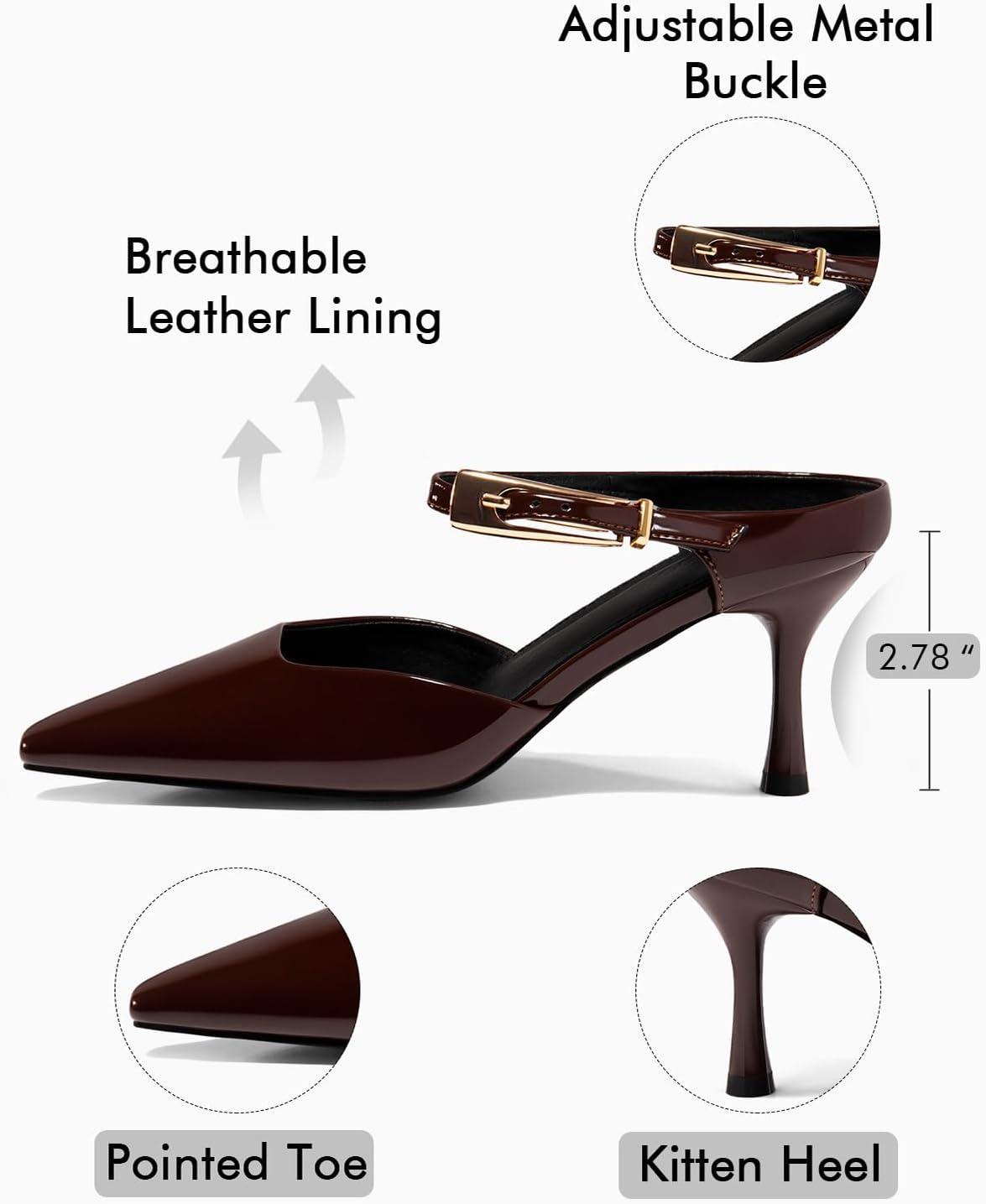 image:imageCoutgo Womens High Heels Mules Closed Pointed Toe Kitten Heel Pumps Ankle Buckle Strap Slip On Backless Dress Shoes Maroon Size 75
