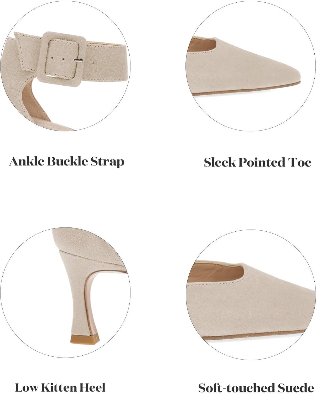 image:imageCoutgo Womens Kitten Low Heels Closed Pointed Toe Ankle Buckle Strap Pumps Suede Dress Wedding ShoesBeige