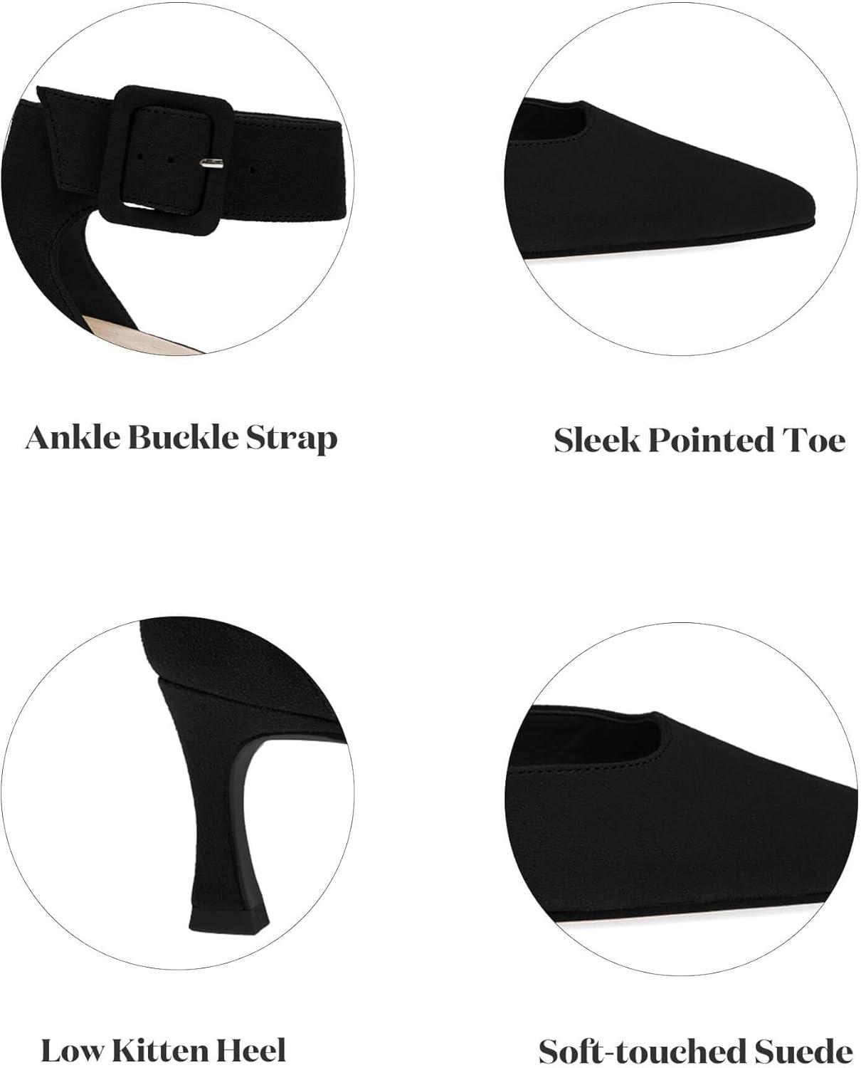 image:imageCoutgo Womens Kitten Low Heels Closed Pointed Toe Ankle Buckle Strap Pumps Suede Dress Wedding ShoesBlack