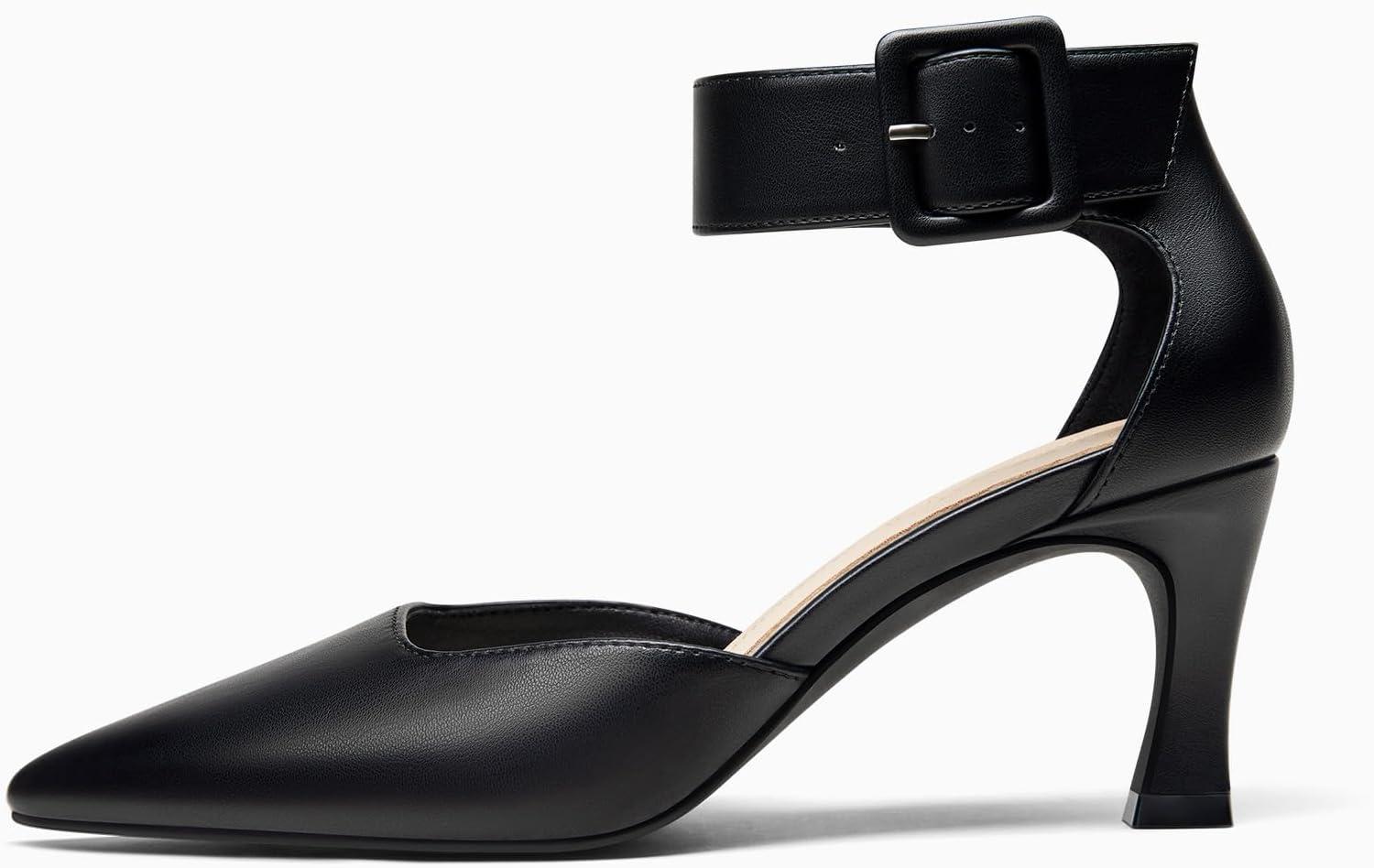 image:imageCoutgo Womens Kitten Low Heels Closed Pointed Toe Ankle Buckle Strap Pumps Suede Dress Wedding ShoesCool Black
