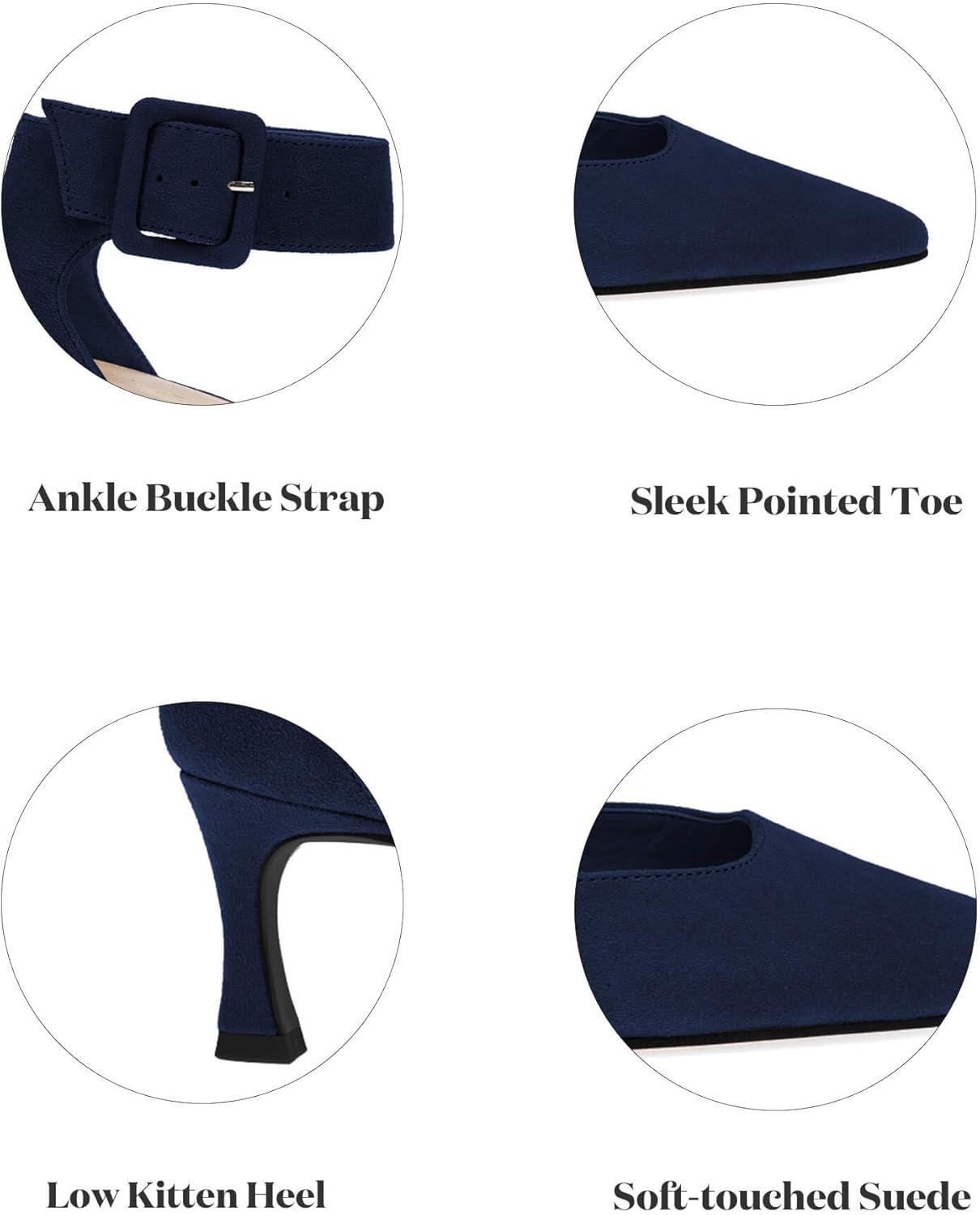 image:imageCoutgo Womens Kitten Low Heels Closed Pointed Toe Ankle Buckle Strap Pumps Suede Dress Wedding ShoesNavy Blue