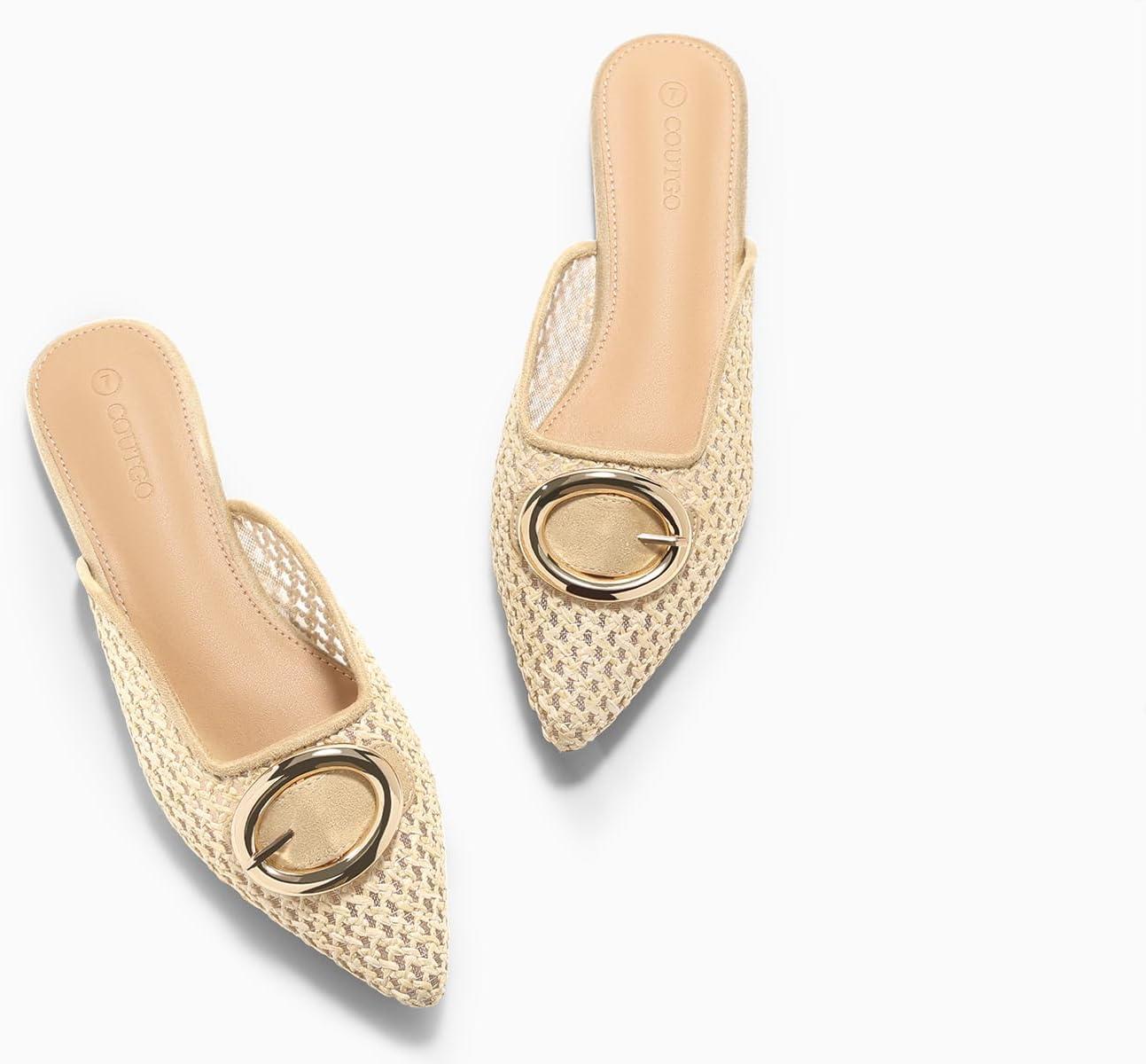 image:imageCoutgo Womens Mules Flats Metal Closed Pointed Toe Slip On Slides Summer Dress ShoesBeige