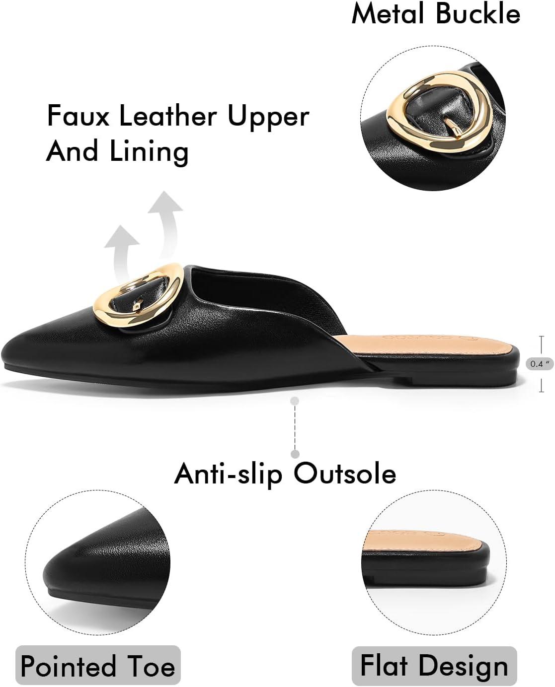image:imageCoutgo Womens Mules Flats Metal Closed Pointed Toe Slip On Slides Summer Dress ShoesBlack Leather