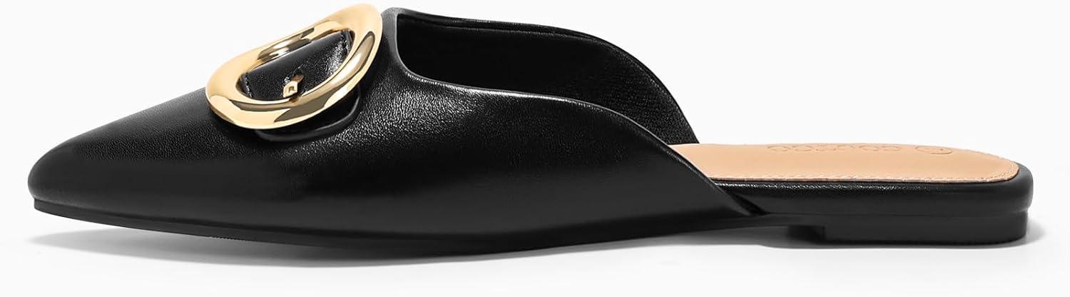 image:imageCoutgo Womens Mules Flats Metal Closed Pointed Toe Slip On Slides Summer Dress ShoesBlack Leather