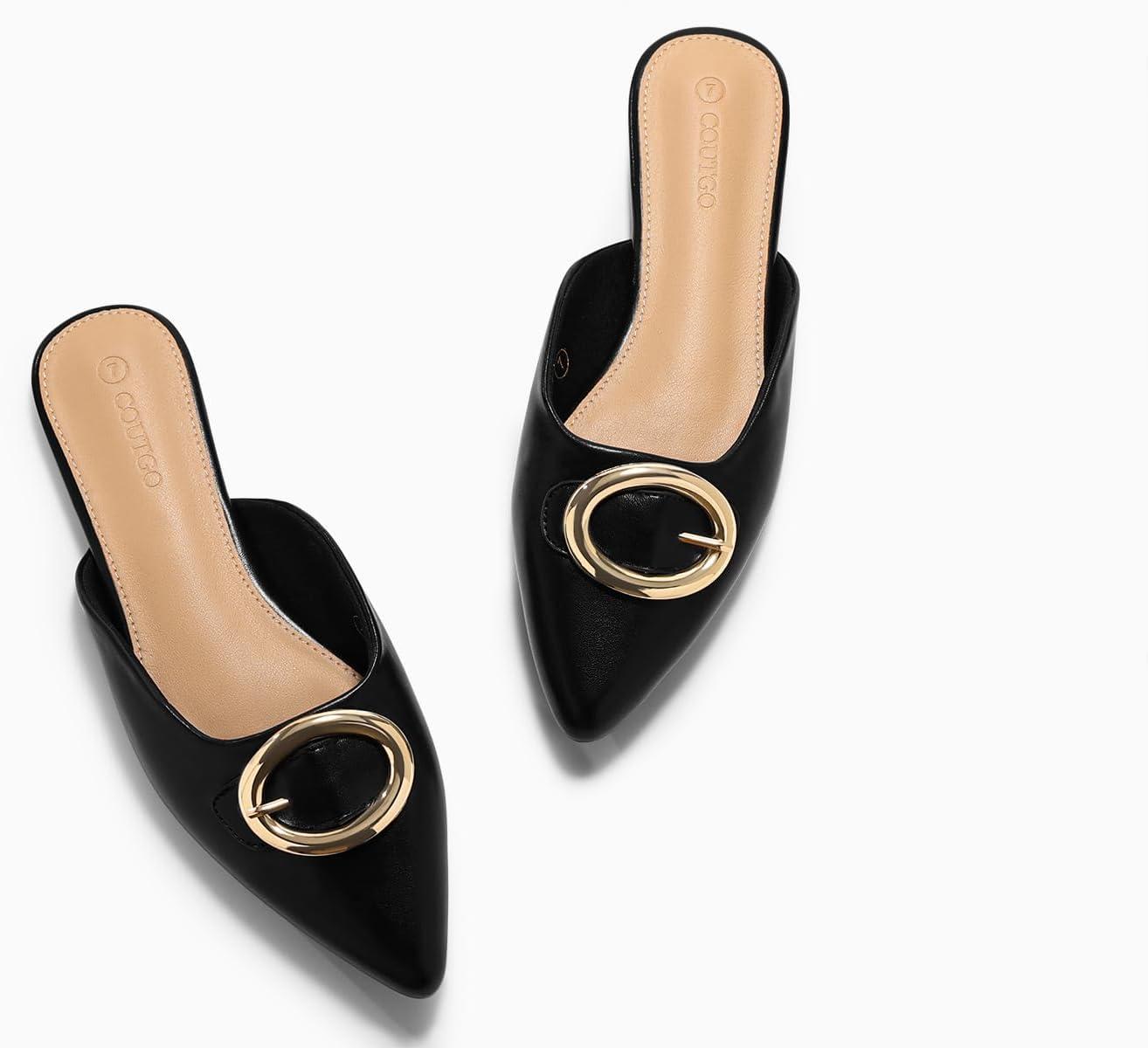 image:imageCoutgo Womens Mules Flats Metal Closed Pointed Toe Slip On Slides Summer Dress ShoesBlack Leather
