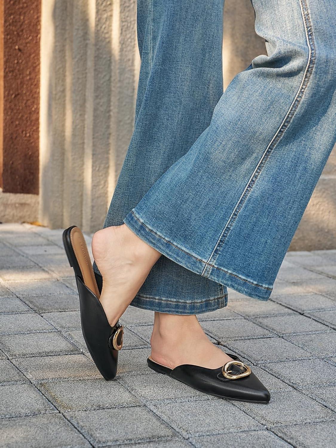 image:imageCoutgo Womens Mules Flats Metal Closed Pointed Toe Slip On Slides Summer Dress ShoesBlack Leather
