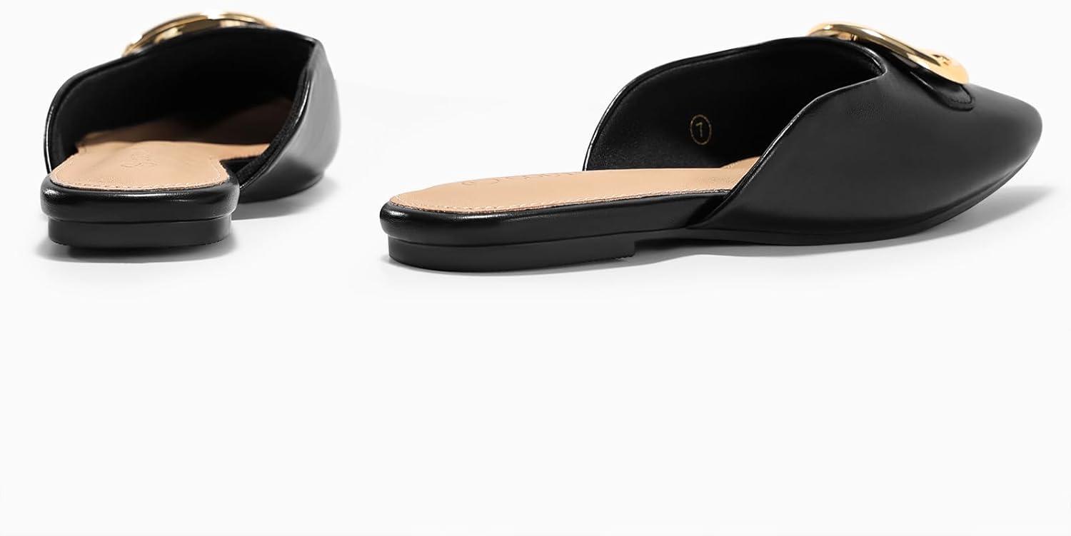 image:imageCoutgo Womens Mules Flats Metal Closed Pointed Toe Slip On Slides Summer Dress ShoesBlack Leather