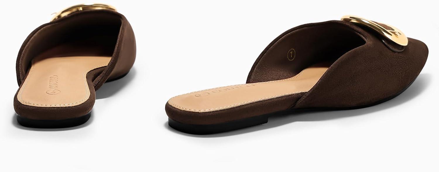image:imageCoutgo Womens Mules Flats Metal Closed Pointed Toe Slip On Slides Summer Dress ShoesChocolate Suede