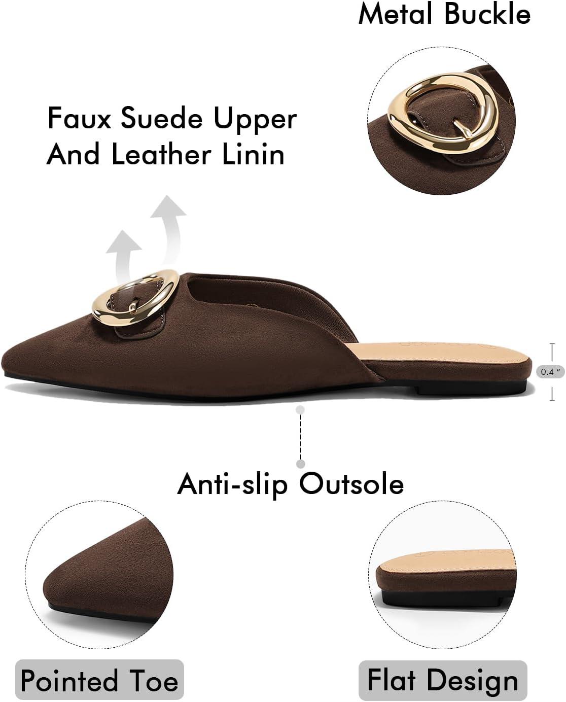 image:imageCoutgo Womens Mules Flats Metal Closed Pointed Toe Slip On Slides Summer Dress ShoesChocolate Suede