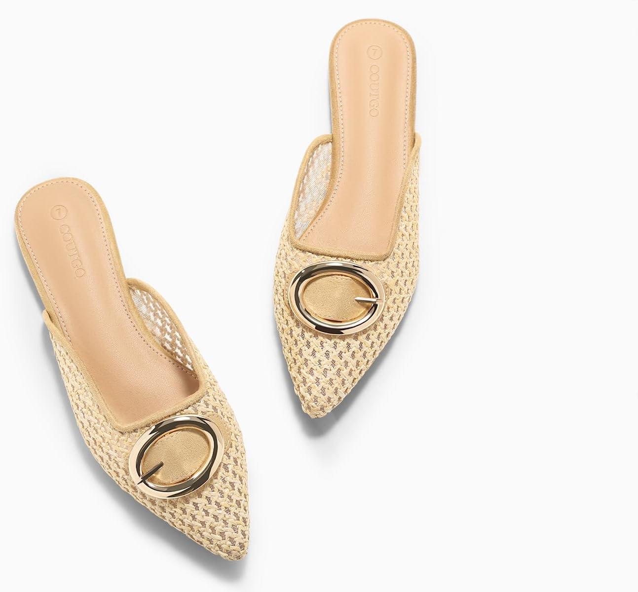 image:imageCoutgo Womens Mules Flats Metal Closed Pointed Toe Slip On Slides Summer Dress ShoesKhaki