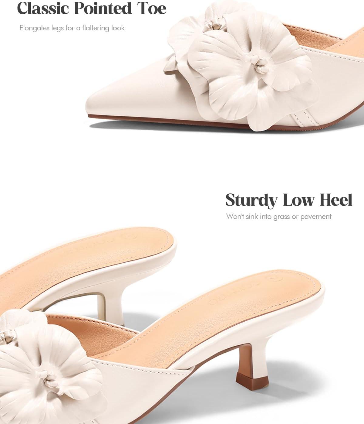 image:imageCoutgo Womens Mules Kitten Heels Closed Pointed Toe Pumps Flower Slip On Party Dress ShoesBeige
