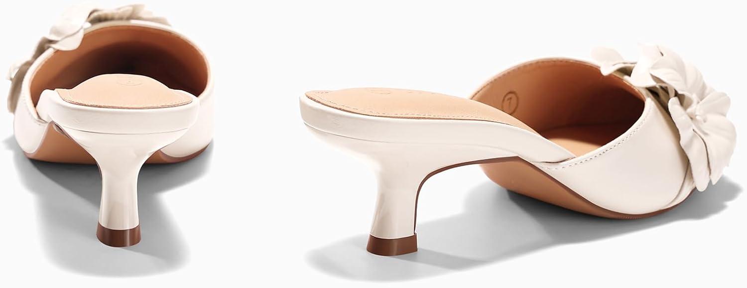 image:imageCoutgo Womens Mules Kitten Heels Closed Pointed Toe Pumps Flower Slip On Party Dress ShoesBeige