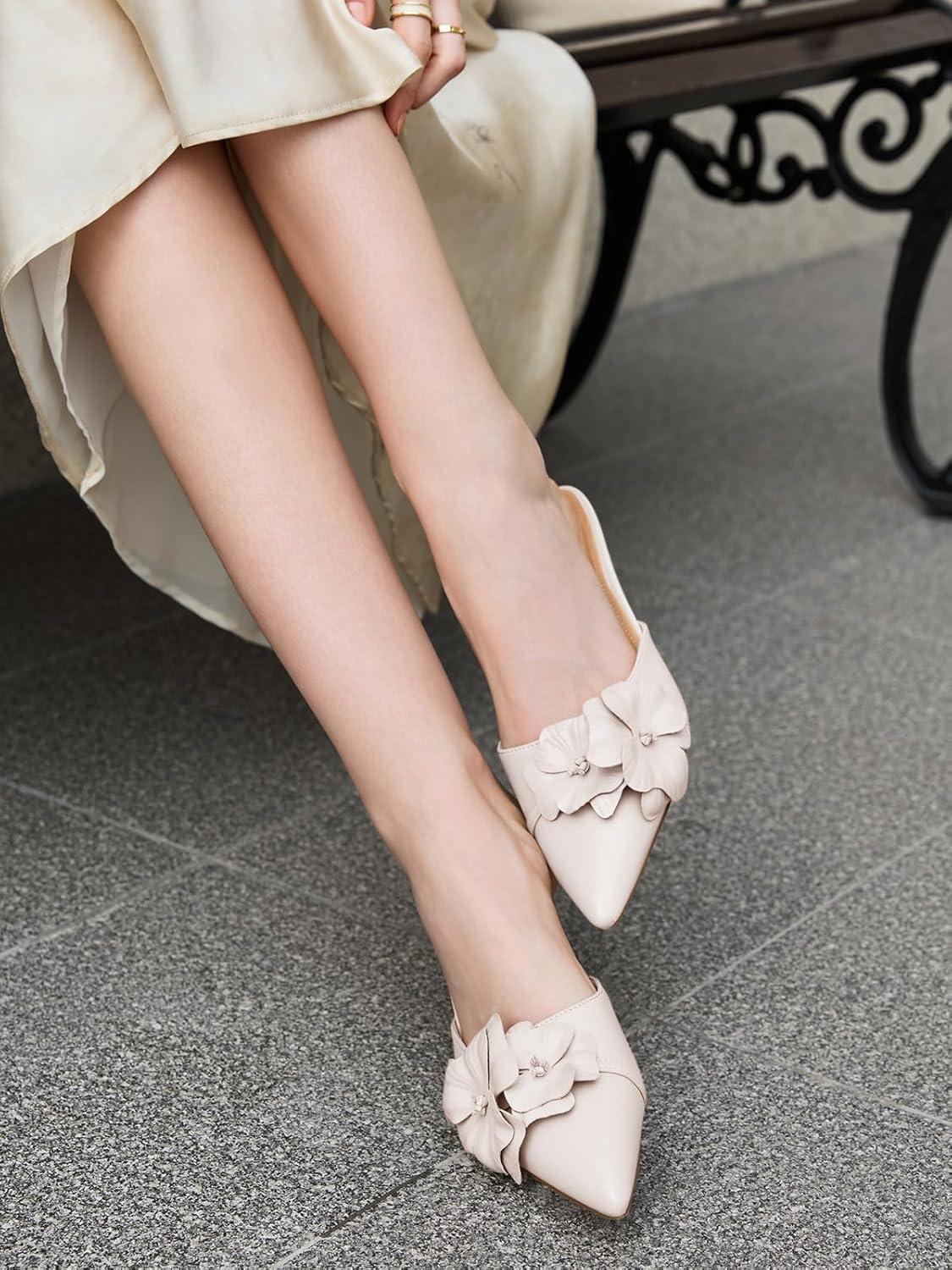 image:imageCoutgo Womens Mules Kitten Heels Closed Pointed Toe Pumps Flower Slip On Party Dress ShoesBeige
