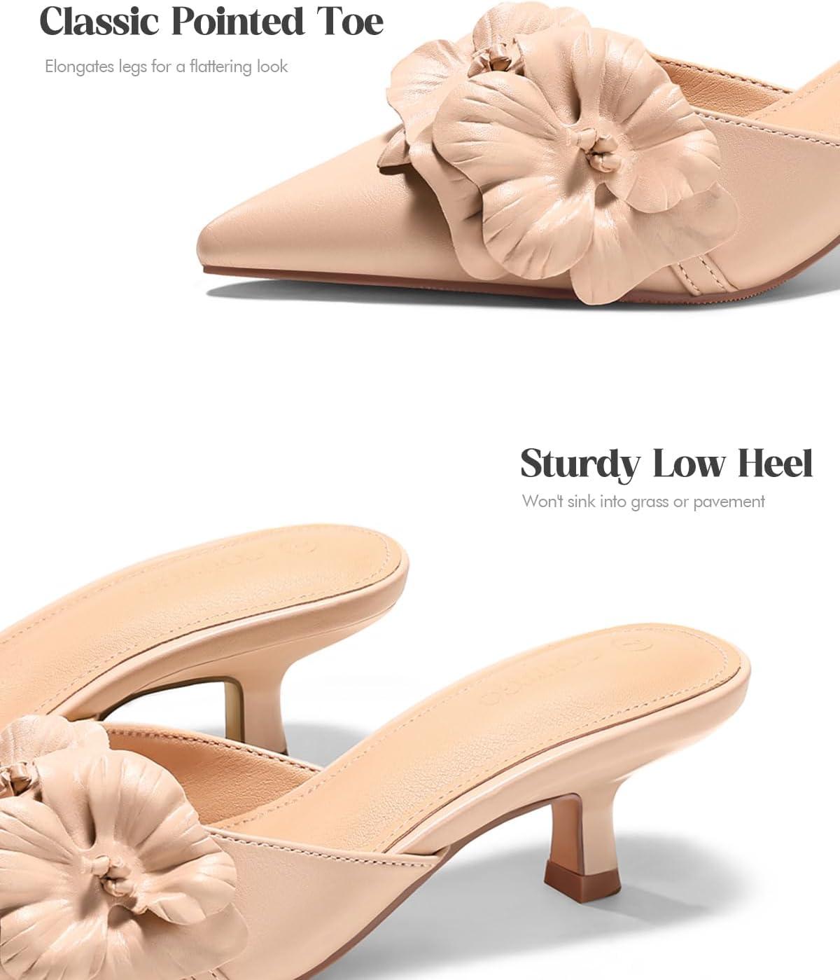 image:imageCoutgo Womens Mules Kitten Heels Closed Pointed Toe Pumps Flower Slip On Party Dress ShoesLight Khaki