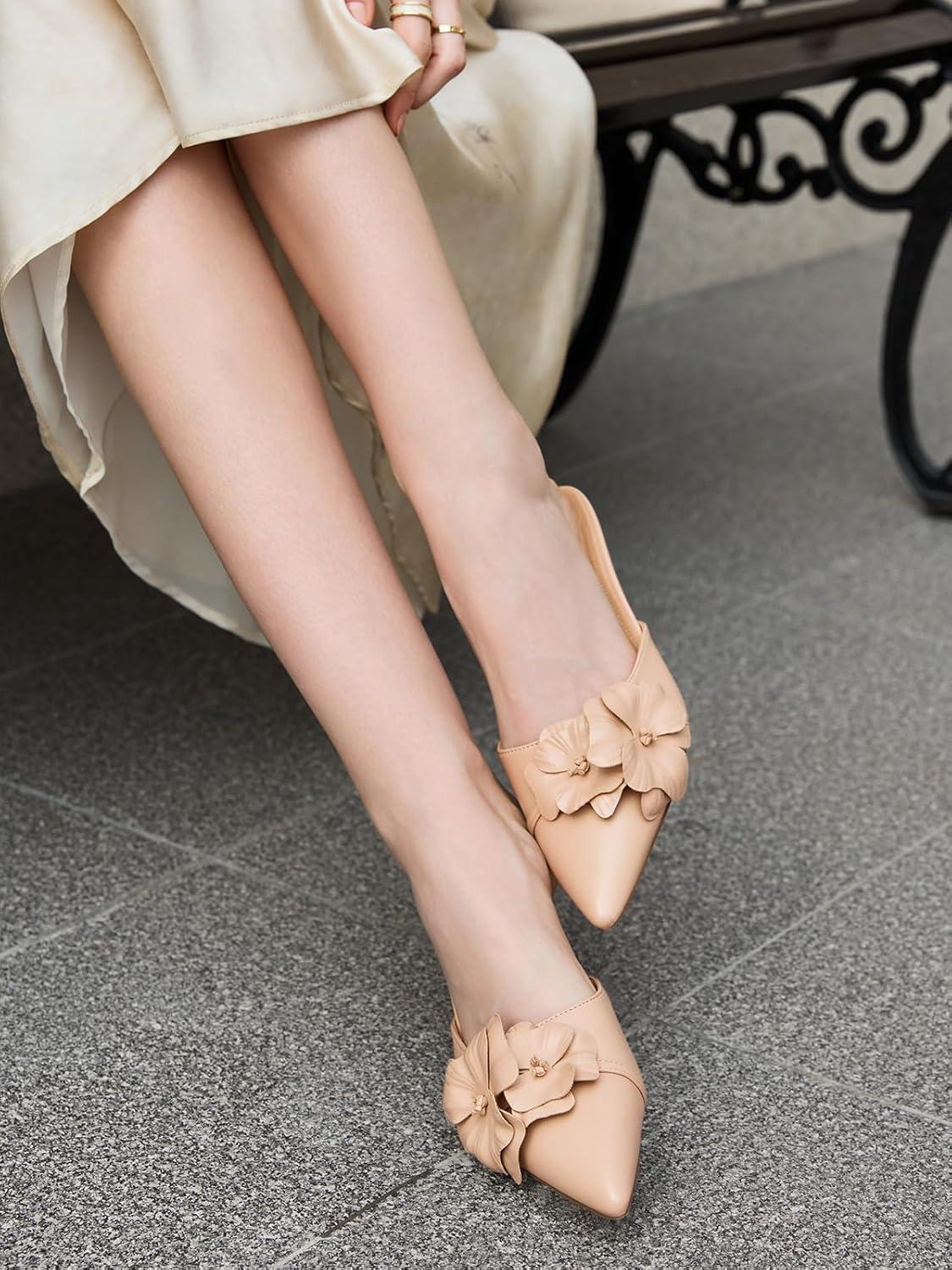 image:imageCoutgo Womens Mules Kitten Heels Closed Pointed Toe Pumps Flower Slip On Party Dress ShoesLight Khaki