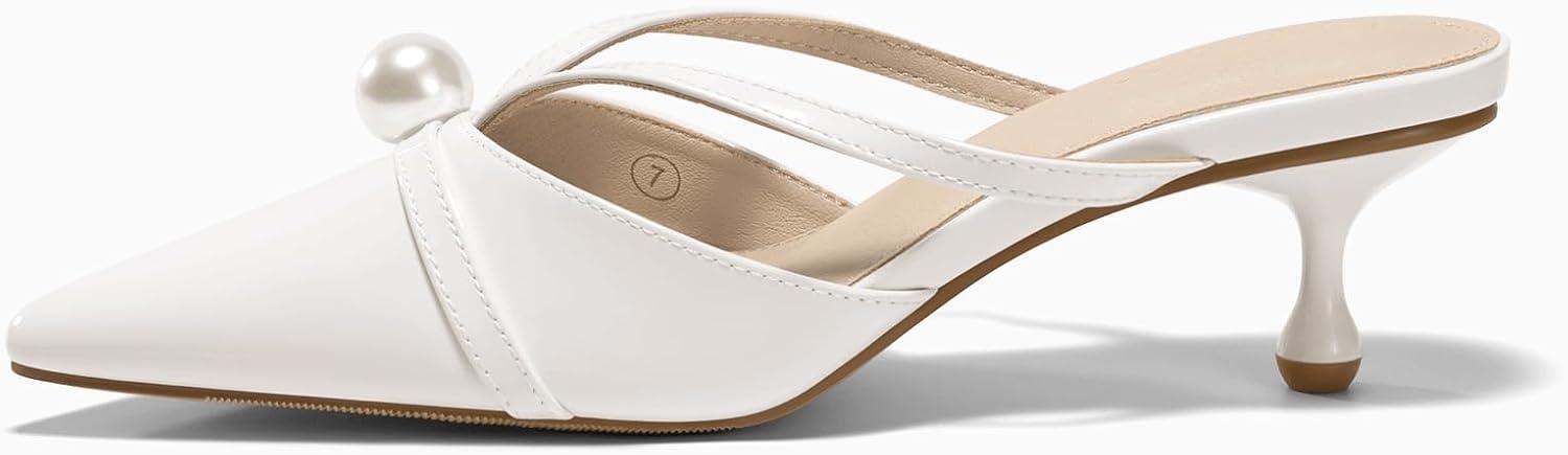image:imageCoutgo Womens Pearl Kitten Heels Mules Closed Pointed Toe Sandals Satin Wedding Party Dress ShoesCream WhitePatent Leather