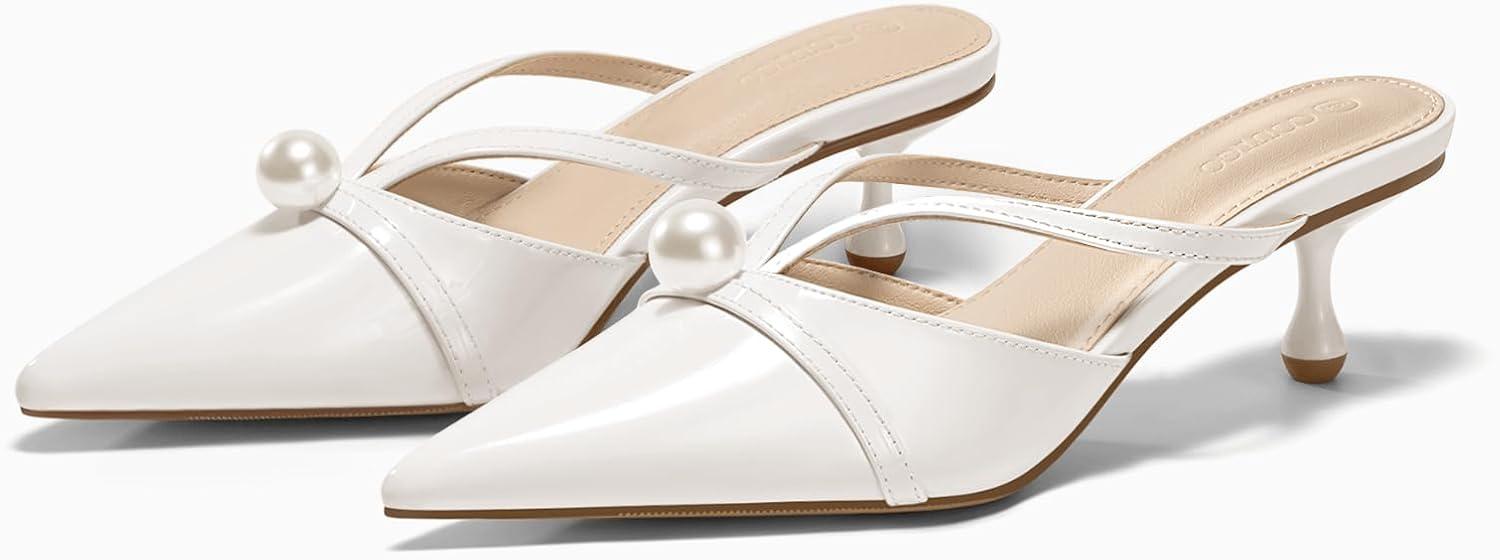 image:imageCoutgo Womens Pearl Kitten Heels Mules Closed Pointed Toe Sandals Satin Wedding Party Dress ShoesCream WhitePatent Leather