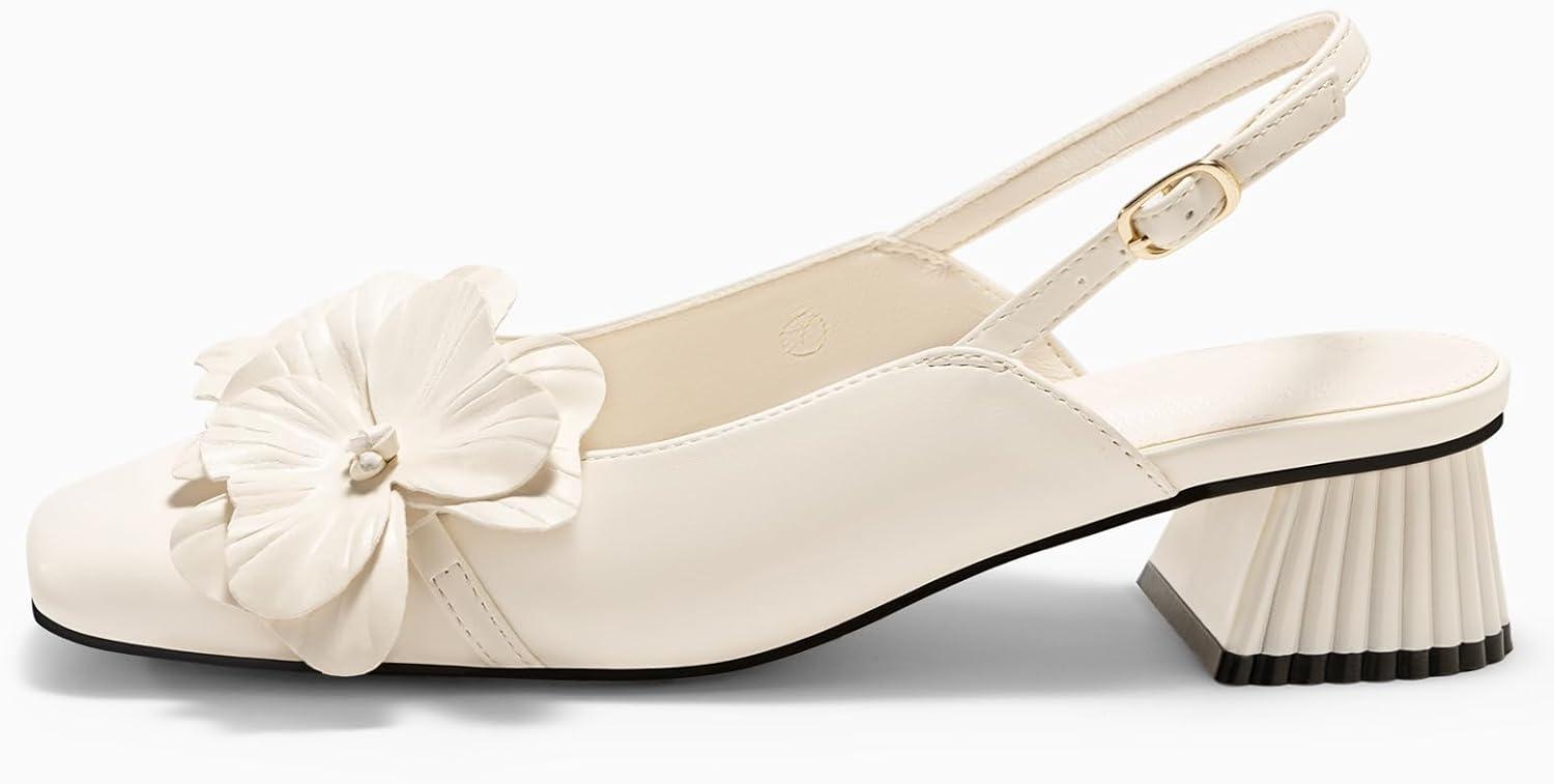 image:imageCoutgo Womens Slingback Chunky Heels Flower Closed Square Toe Pumps Work Dress ShoesChoose a Size upCreamywhite