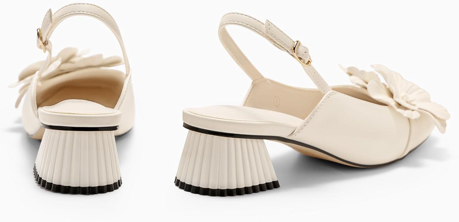 image:imageCoutgo Womens Slingback Chunky Heels Flower Closed Square Toe Pumps Work Dress ShoesChoose a Size upCreamywhite