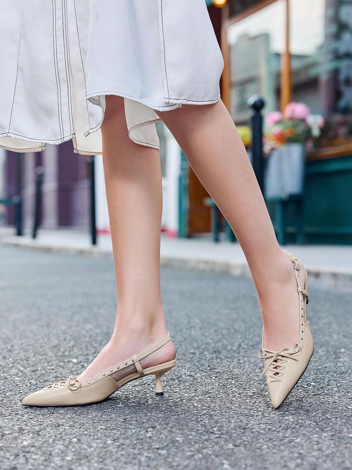 image:imageCoutgo Womens Slingback Kitten Heels Closed Pointed Toe Low Heel Dress Shoes Studded Bow Pumps Silver