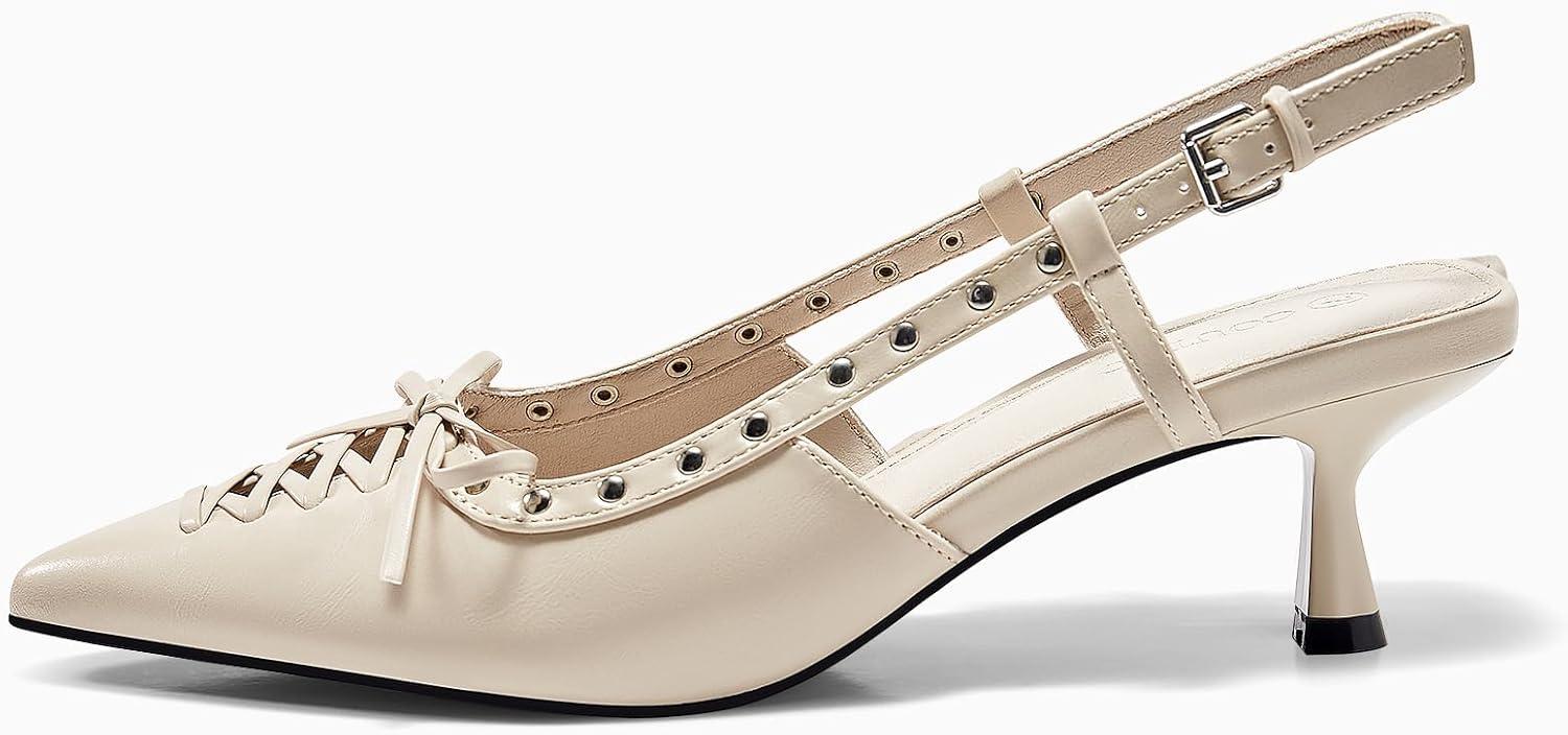 image:imageCoutgo Womens Slingback Kitten Heels Closed Pointed Toe Low Heel Dress Shoes Studded Bow Pumps Silver