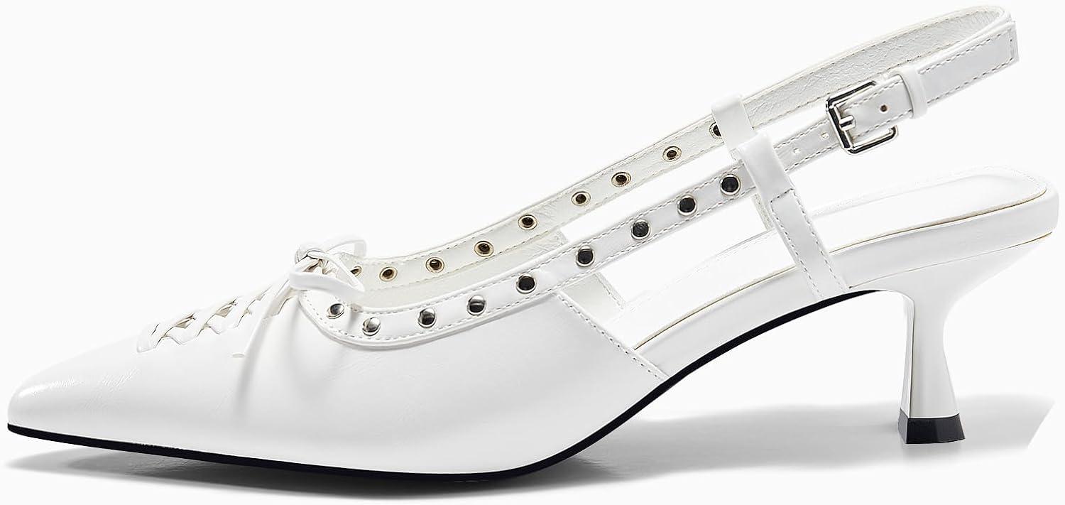 image:imageCoutgo Womens Slingback Kitten Heels Closed Pointed Toe Low Heel Dress Shoes Studded Bow PumpsWhite