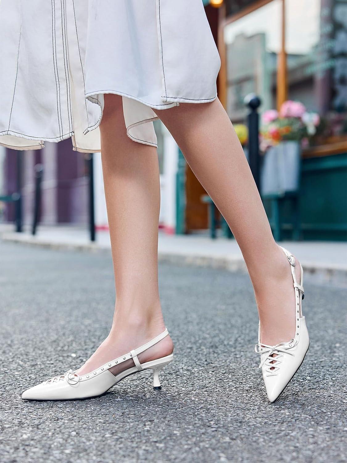 image:imageCoutgo Womens Slingback Kitten Heels Closed Pointed Toe Low Heel Dress Shoes Studded Bow PumpsWhite