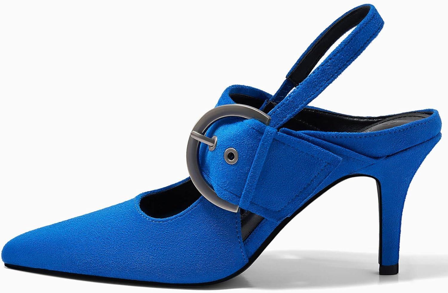 image:imageCoutgo Womens Slingback Pumps Closed Pointed Toe High Heels Belt Buckle Strap Dressy Work ShoesBlue