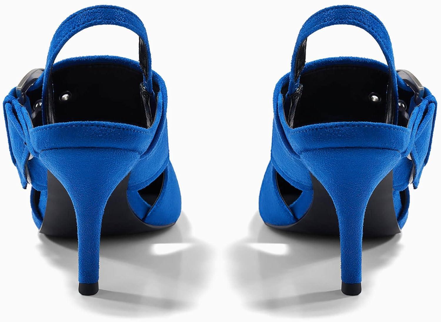 image:imageCoutgo Womens Slingback Pumps Closed Pointed Toe High Heels Belt Buckle Strap Dressy Work ShoesBlue