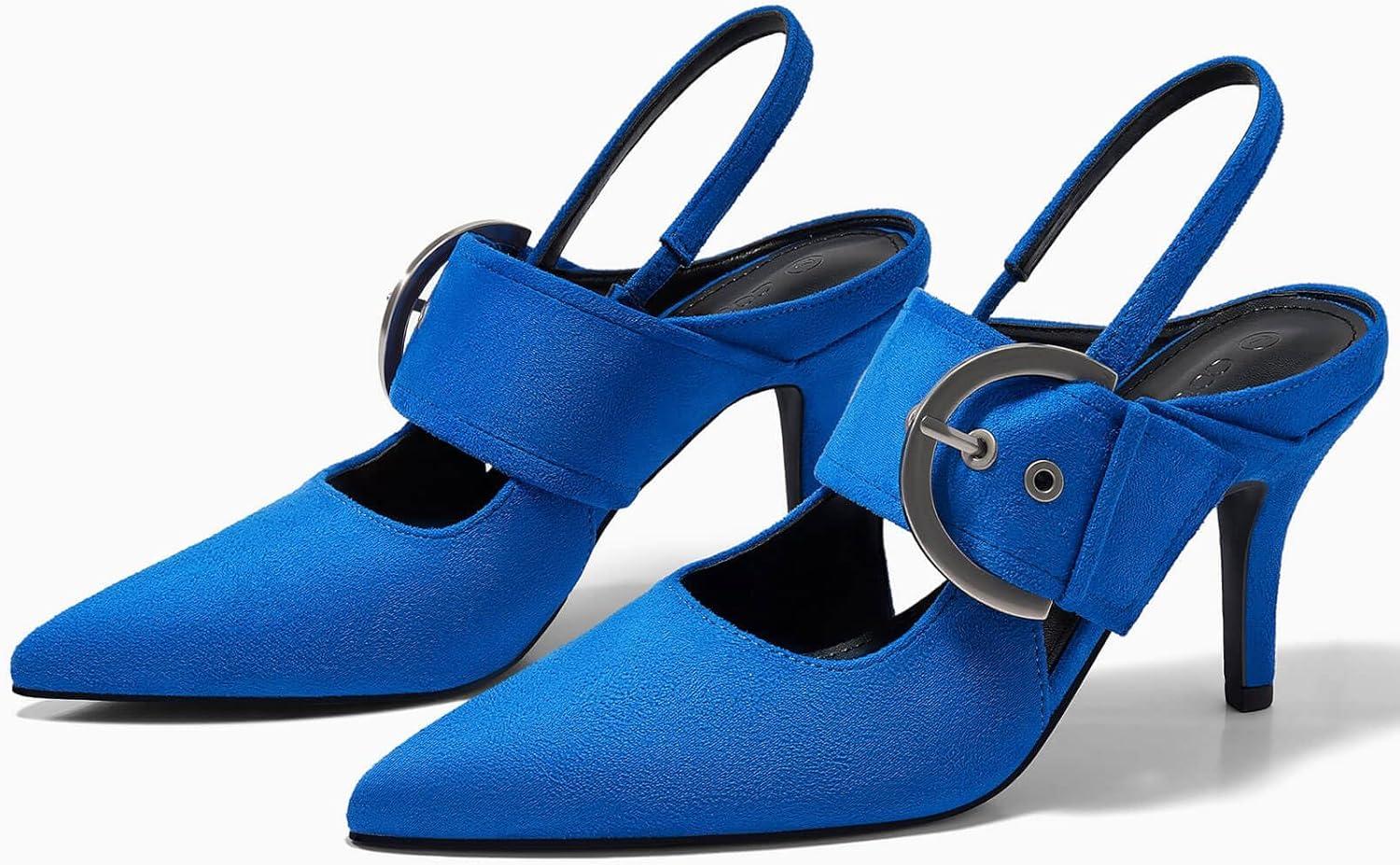 image:imageCoutgo Womens Slingback Pumps Closed Pointed Toe High Heels Belt Buckle Strap Dressy Work ShoesBlue