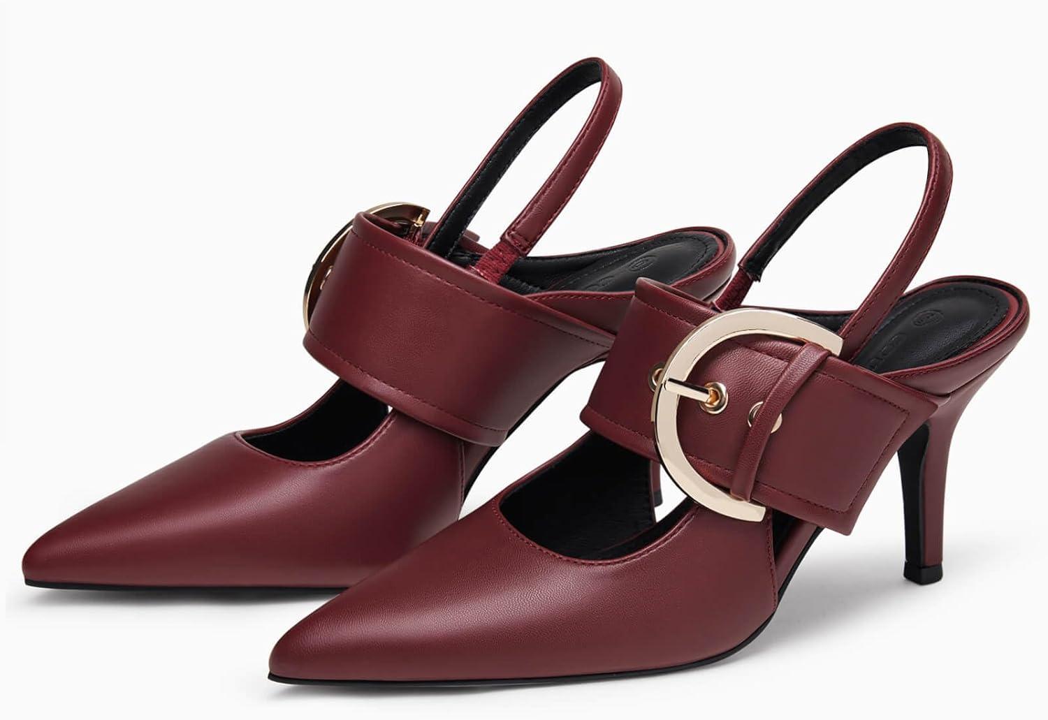 image:imageCoutgo Womens Slingback Pumps Closed Pointed Toe High Heels Belt Buckle Strap Dressy Work ShoesBurgundy