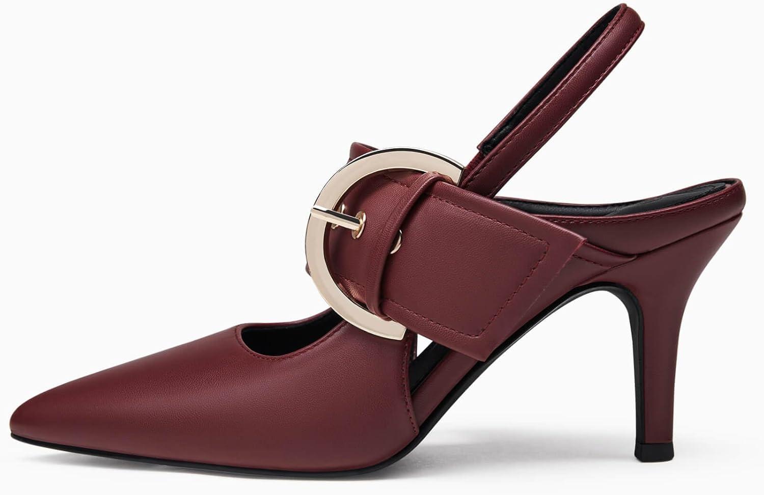 image:imageCoutgo Womens Slingback Pumps Closed Pointed Toe High Heels Belt Buckle Strap Dressy Work ShoesBurgundy