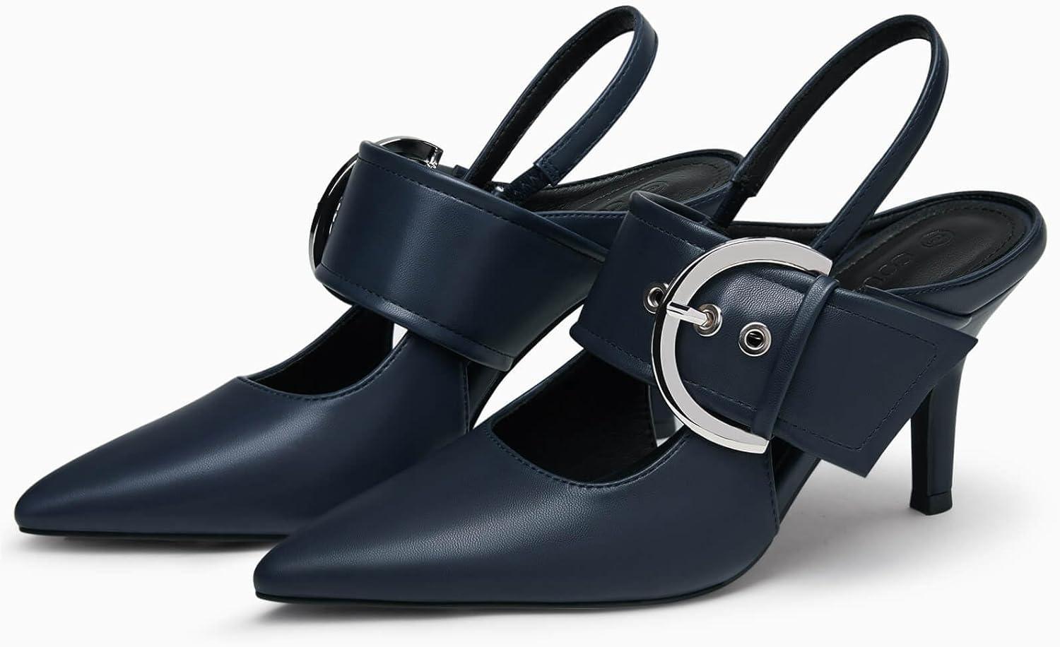 image:imageCoutgo Womens Slingback Pumps Closed Pointed Toe High Heels Belt Buckle Strap Dressy Work ShoesNavy