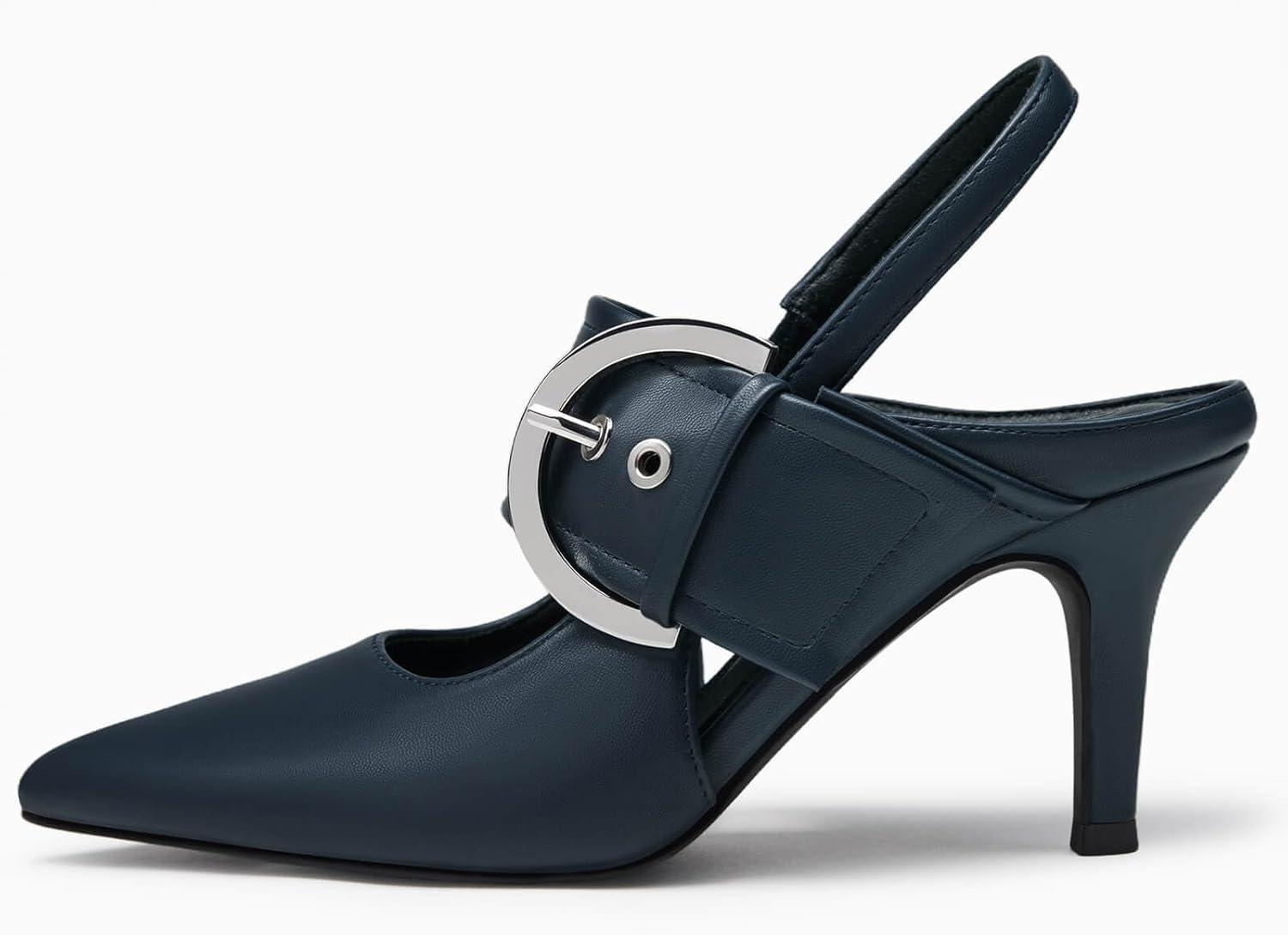 image:imageCoutgo Womens Slingback Pumps Closed Pointed Toe High Heels Belt Buckle Strap Dressy Work ShoesNavy